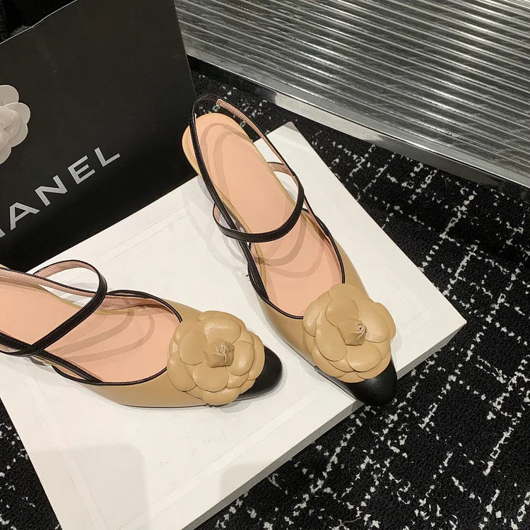 NEW Summer Women Sandals Split Leather Shoes for Women Round Toe High Heel Modern Sandals Flower Slingback Mixed Colors Shoes
