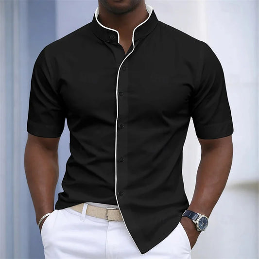 20 Colors Summer Men's Stand Collar Short Sleeve Shirt, Color Block Fashion Design, Slim Fit Business Casual Shirt, Sizes XS-6XL