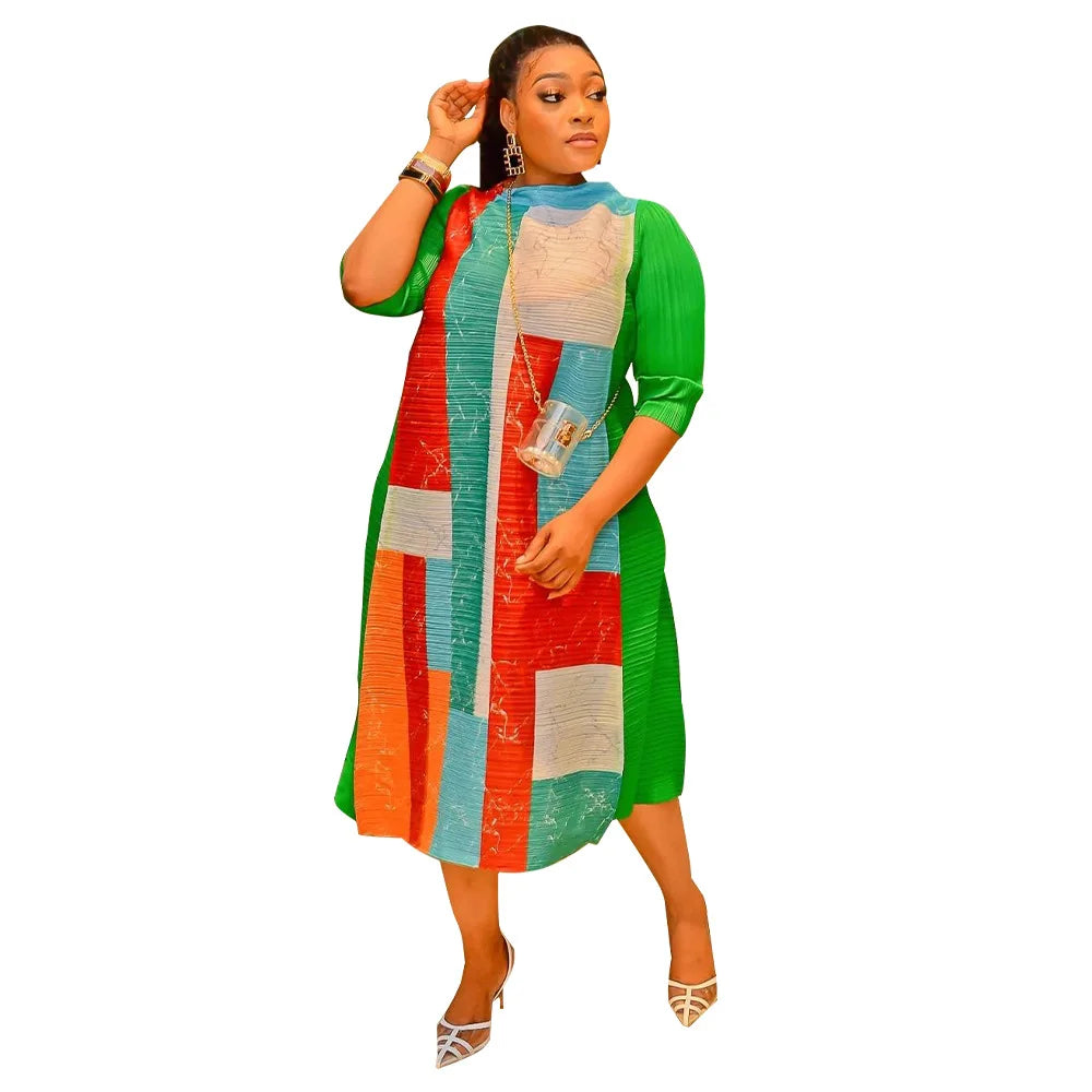 African Dresses for Women Summer Fashion Style African 3/4 Sleeve Polyester O-neck Pleated Dress Dashiki African Clothes Women
