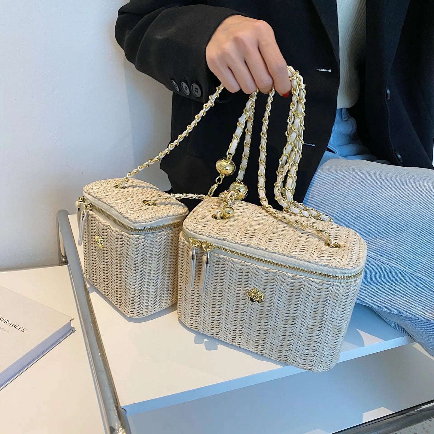 2023 Mini Straw Bucket Crossbody bag For Women Summer Weave Women's Brand Handbags And Purses Fashion Chain Simple Shoulder Bags
