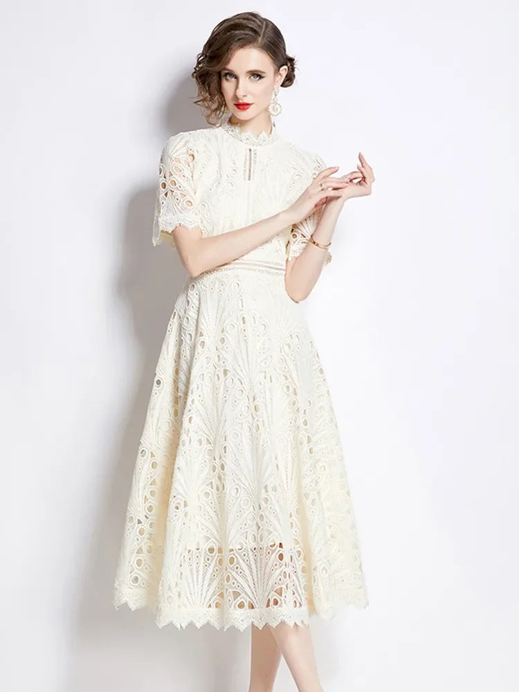 SMTHMA Vintage High-End O-Neck Short Sleeve Lace Hollow Out Dress For Women's Summer Slim Elegant Long Dress Female Clothing