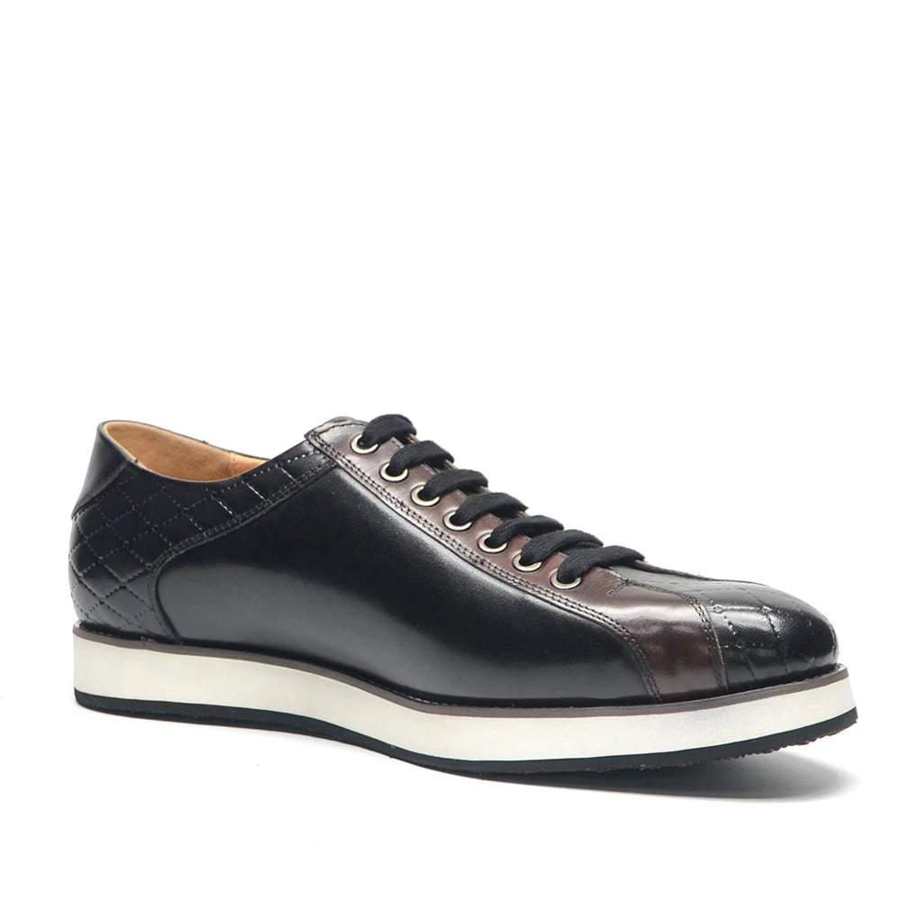 European Style Genuine Leather Men's Casual Shoes Luxury Plaid Business Social Black Flat Lace-Up Sneaker Shoes for Man