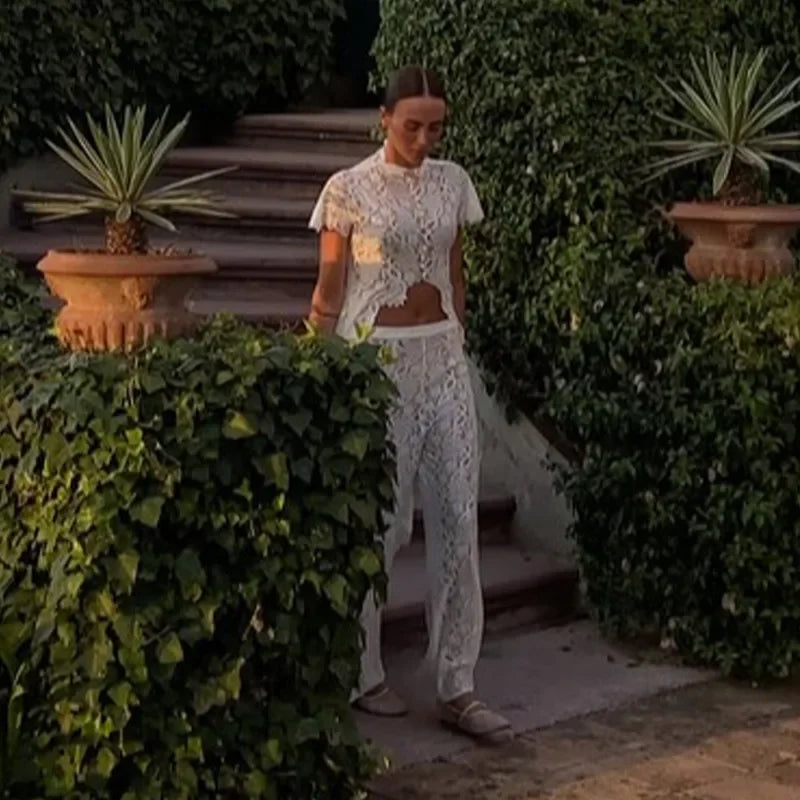 See Through Lace Vest Pant Set Women Beach Sling  Tops Pleated Straight Pants 2026 Summer Vacation Hollow Out Lady Suits