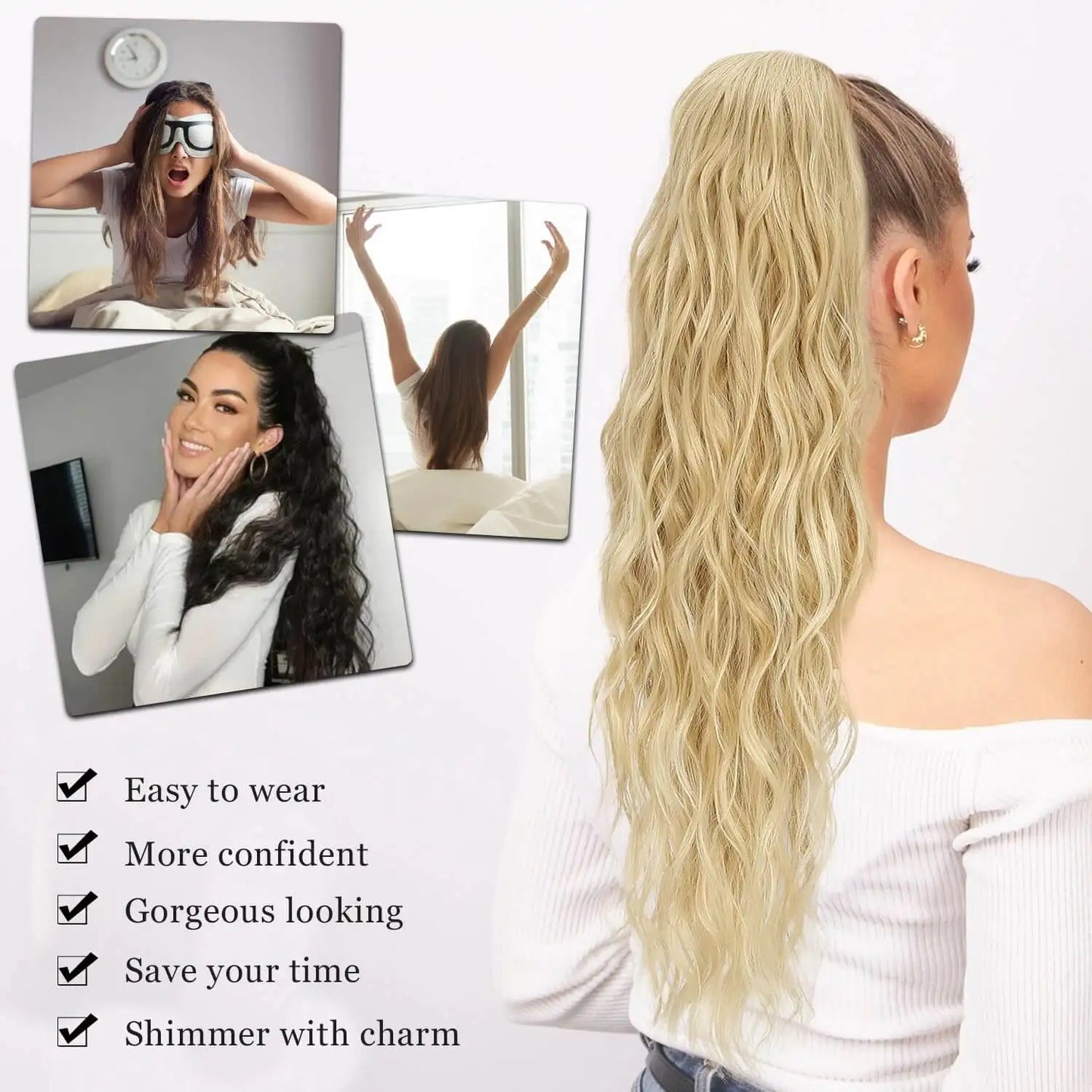 Alana Synthetic Long Natural Wave Drawstring Ponytail 22inch Clip in Hair Extensions Blonde Natural Hair Fake Weave Ponytails