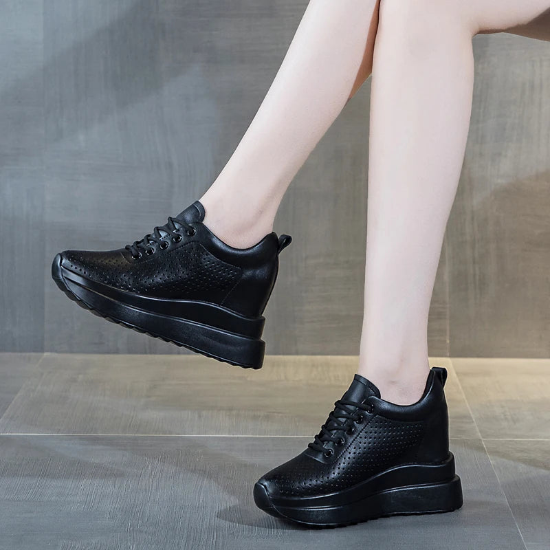 10cm Genuine Leather Women Vulcanize Women Summer Hidden High Heels Platform Wedge Spring Autumn Chunky Sneakers Shoes