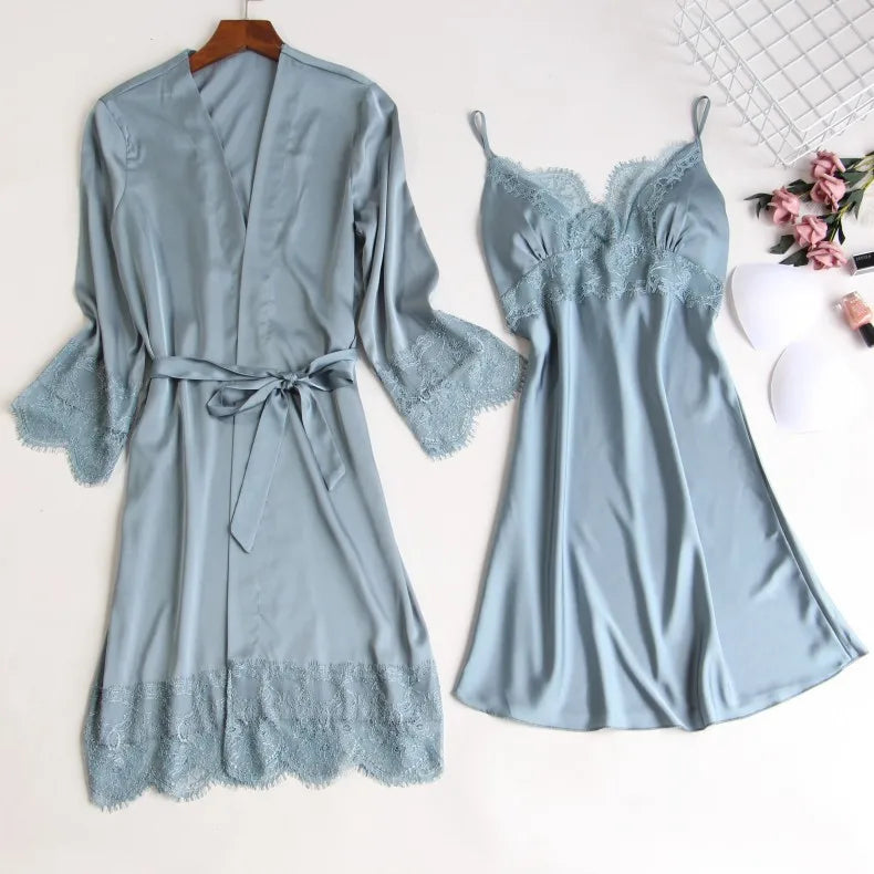 Women Pajamas Five Piece Set Spring Summer Sleepwear Nightgown Sexy Lace Bath Robe Gown Loose Silk Satin Home Wear Loungewear