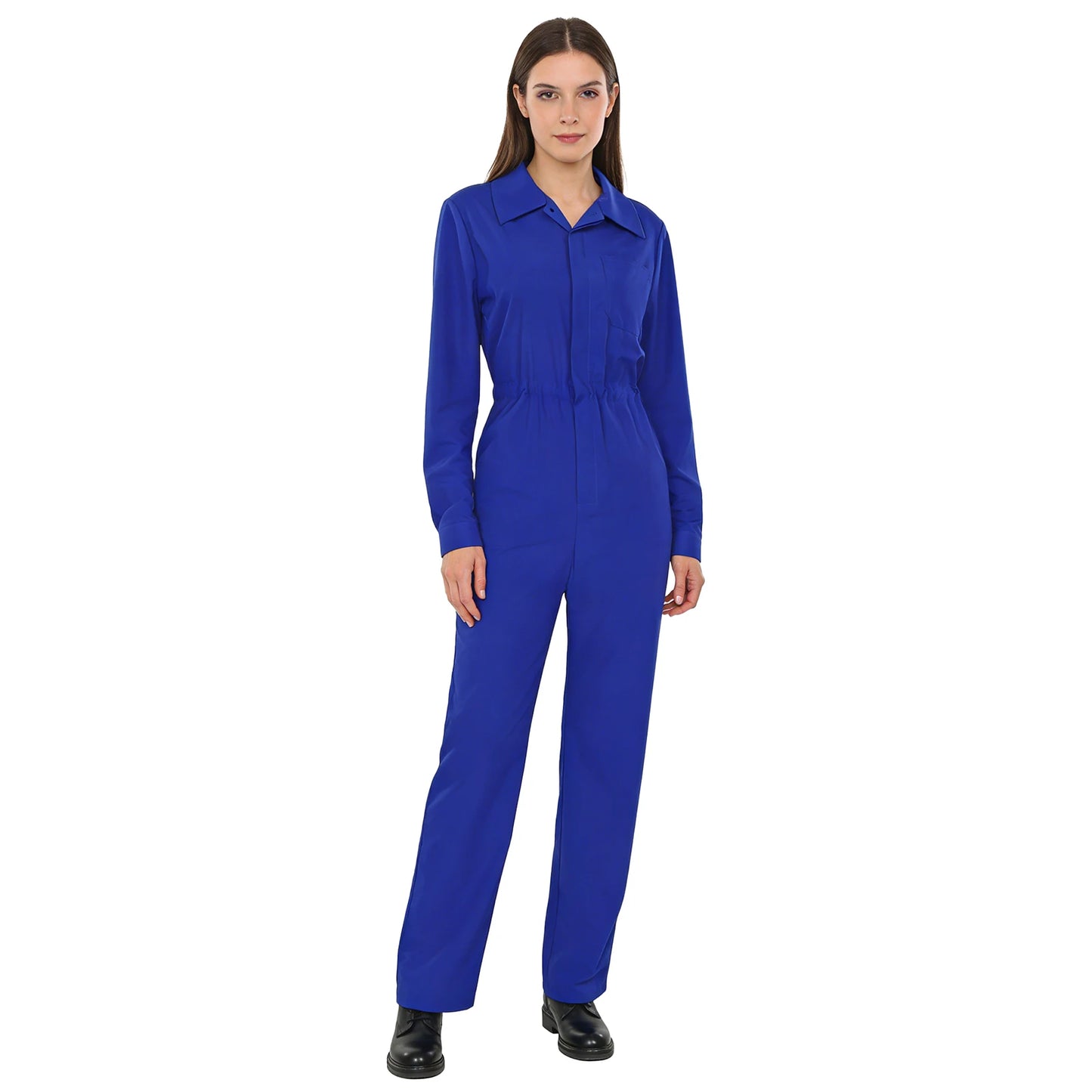 Womens Coverall Solid Color Turn-Down Collar Long Sleeve Button Jumpsuit Mechanic Work Overalls Fashion Casual Cargo Rompers