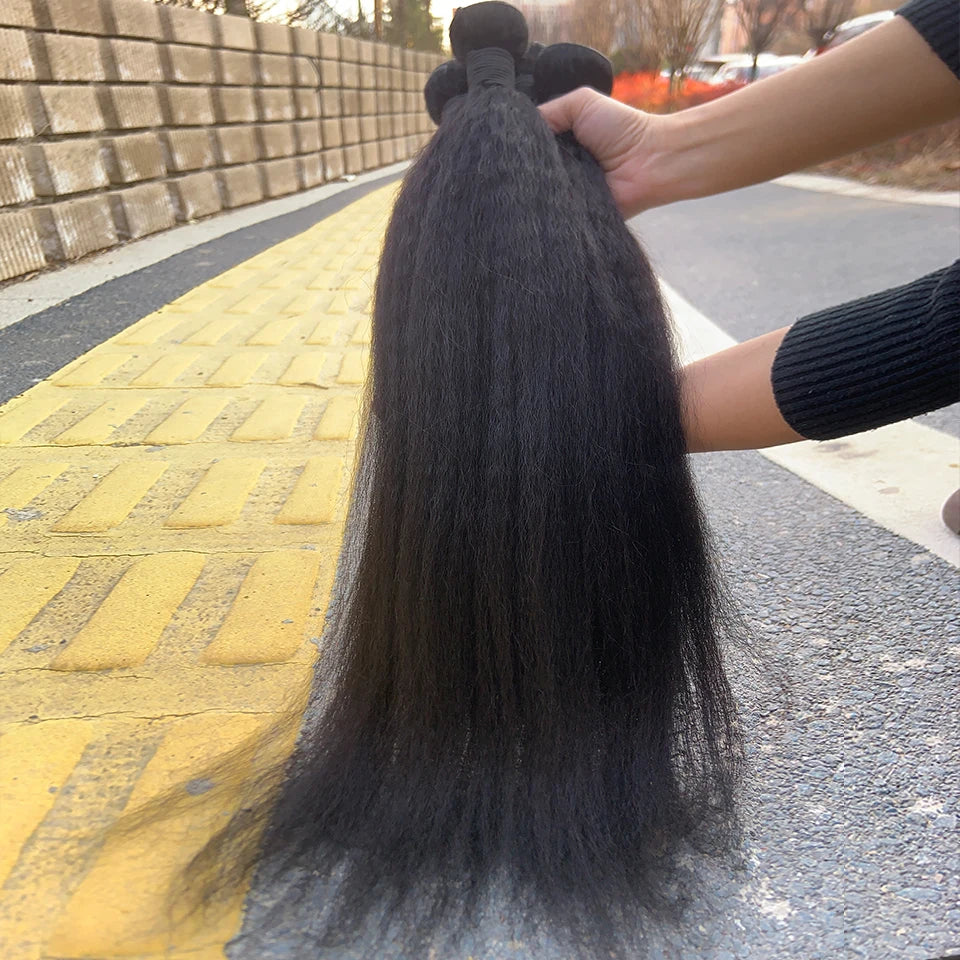 8-40 Kinky Straight Human Hair Bundles Coarse Yaki Weave Bundles Brazilian Raw Human Hair Extensions Sale for Women Double Weft