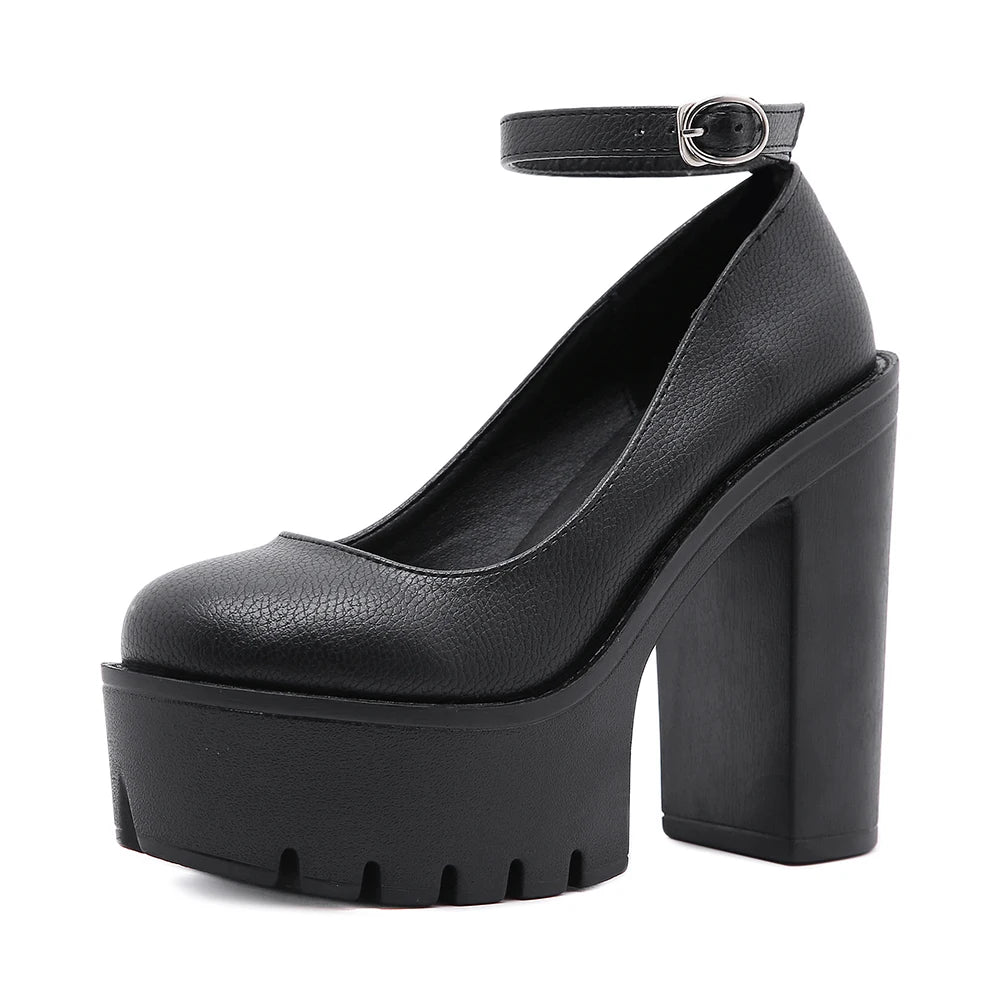 Gdgydh Women's Platform Chunky High Heels Ankle Buckle Strap Round Toe Non Slip Dress Pumps Mary Jane Lolita Pumps Punk Style