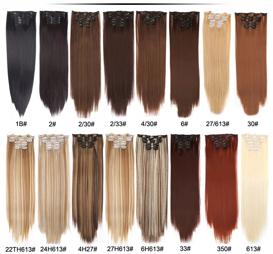 22 Inches Synthetic Long Straight Hairstyle 16 Clips 6Pcs/Set Hair Extensions Blonde Black Hairpieces Heat Resistant For Women