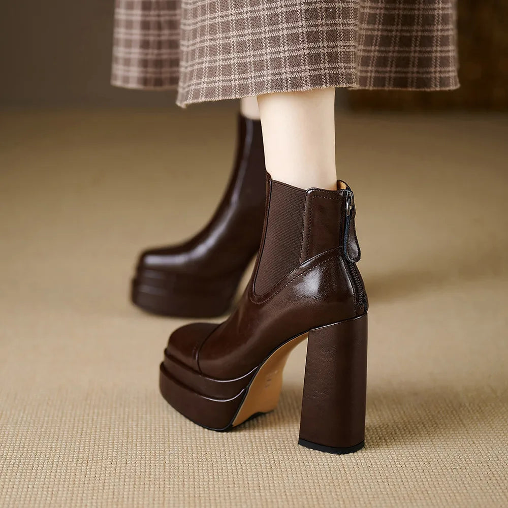 Aucegi Women Genuine Leather Back Zipper Ankle Boots Fashion Square Toe Platform Thick High Heels Party All Match Casual Shoes