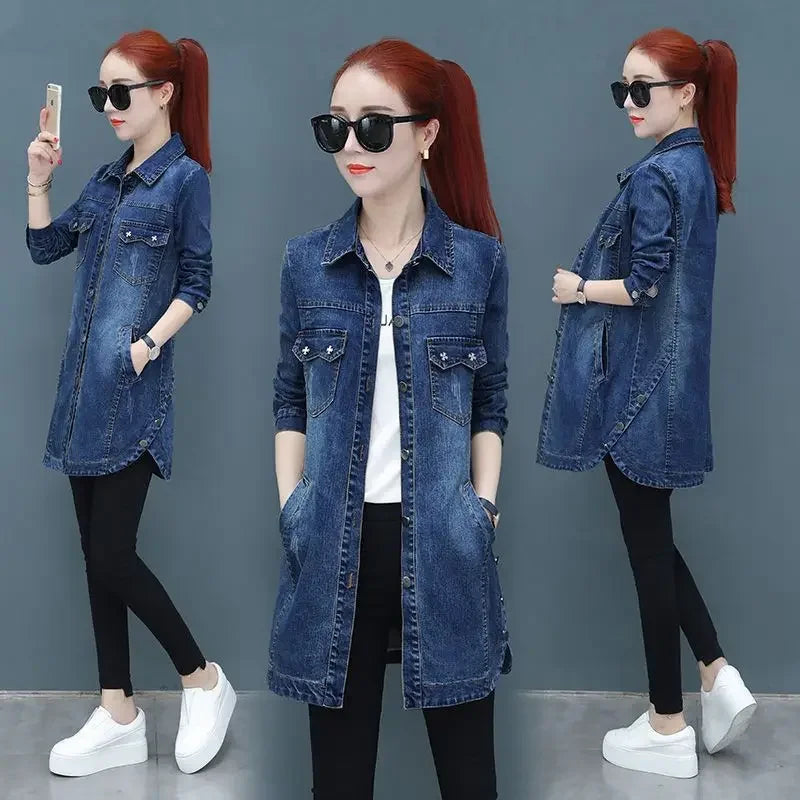 Plain Female Jeans Coats Korean Women's Denim Jackets Long Trench Designer in Promotion 2025 Trend Deals Chic and Elegant New