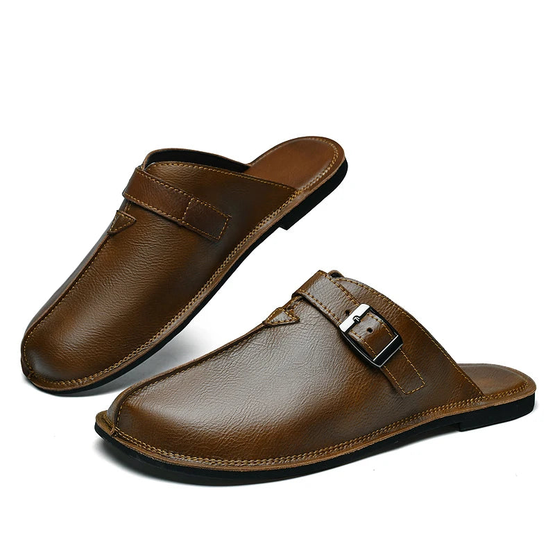 Men's Sandals Classic Leather Slippers Walking Summer New Male Comfortable Slippers Lightweight Outdoor Men's Half Drag Shoes