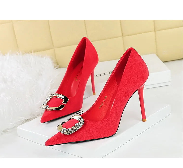 BIGTREE Shoes Metal Rhinestone Belt Buckle Women Pumps Suede High Heels Luxury Banquet Shoes Sexy Party Shoes Women Stilettos