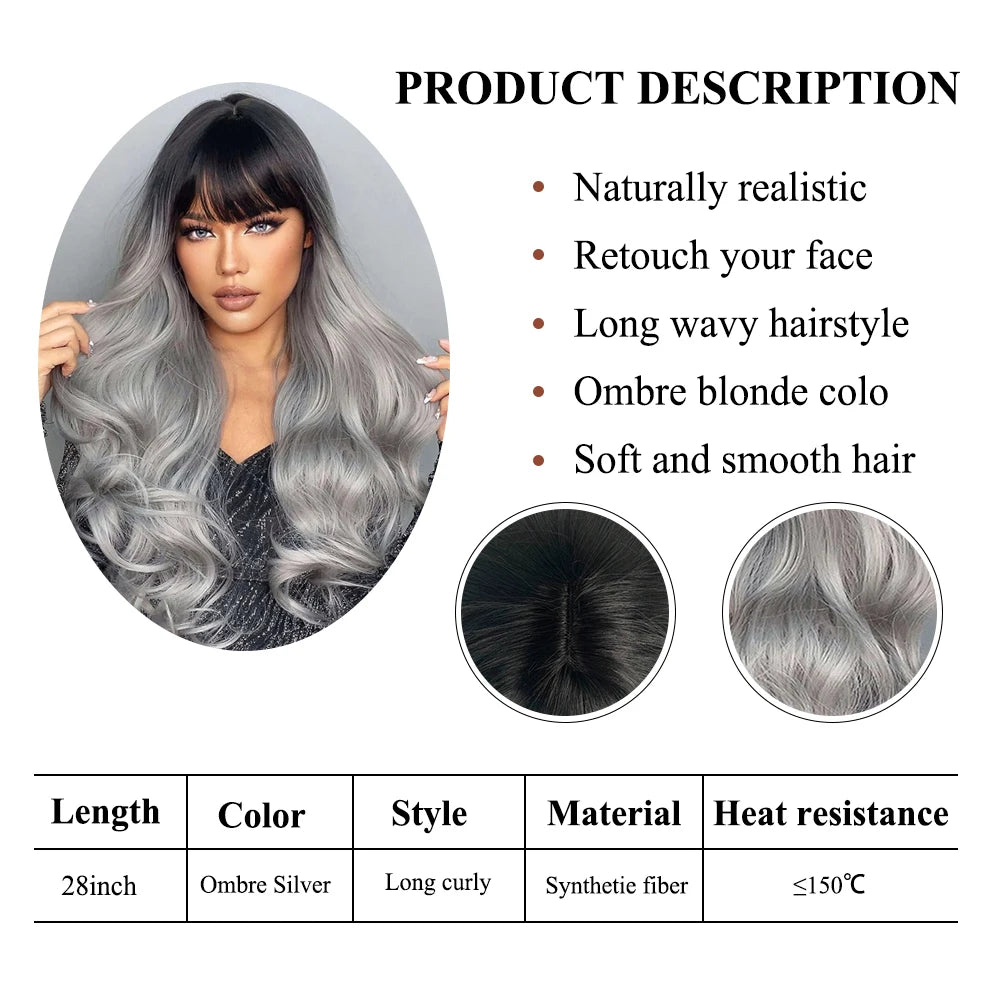 Long Wavy Silver Ash Ombre Cosplay Synthetic Wigs Natural Curly Gray Black Hair Wig with Bangs for Women Afro Heat Resistant