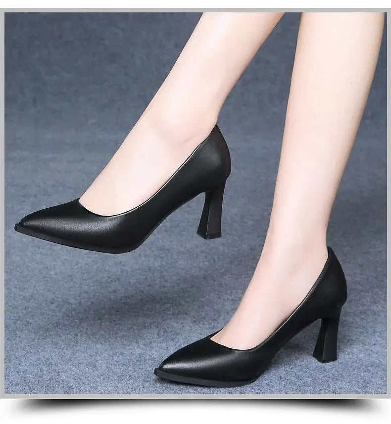 Black Women's Pumps 6-8cm Heel Soft PU Leather Non-slip Single Shoe Professional Interview High Heels Mid Heeled Work Shoes