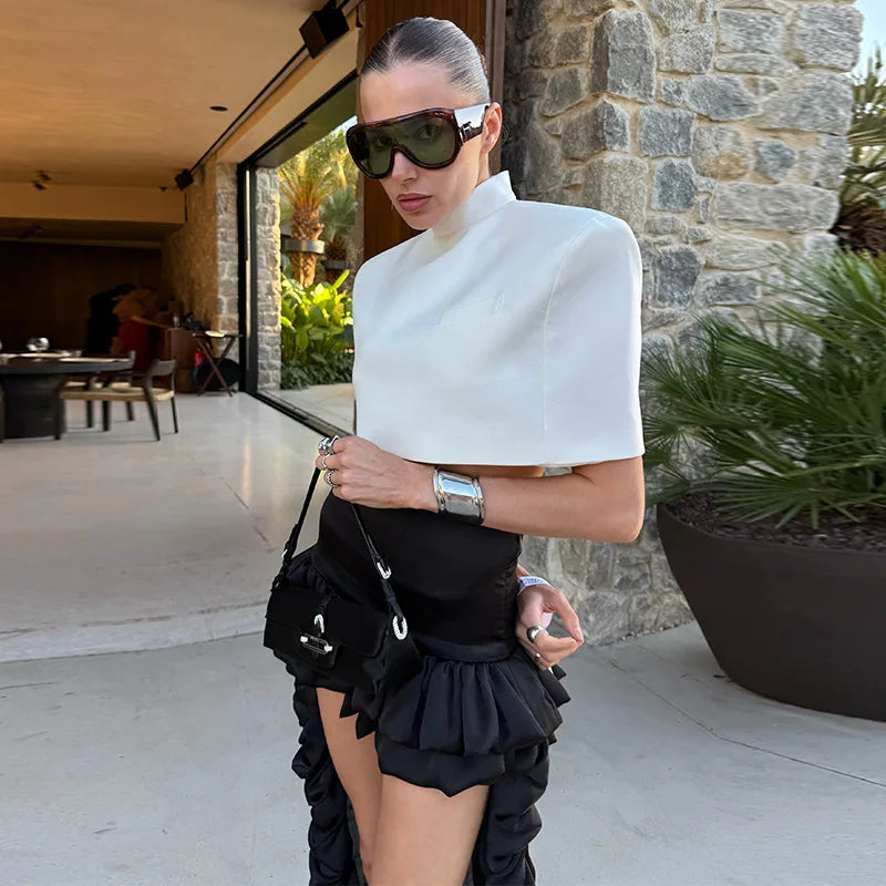 Elegant Stand Collar Women's Cape Skirts Suit Pocket Crop Tops Pleated Mini Skirt Lady Set 2026 Summer Autumn Female Outfits