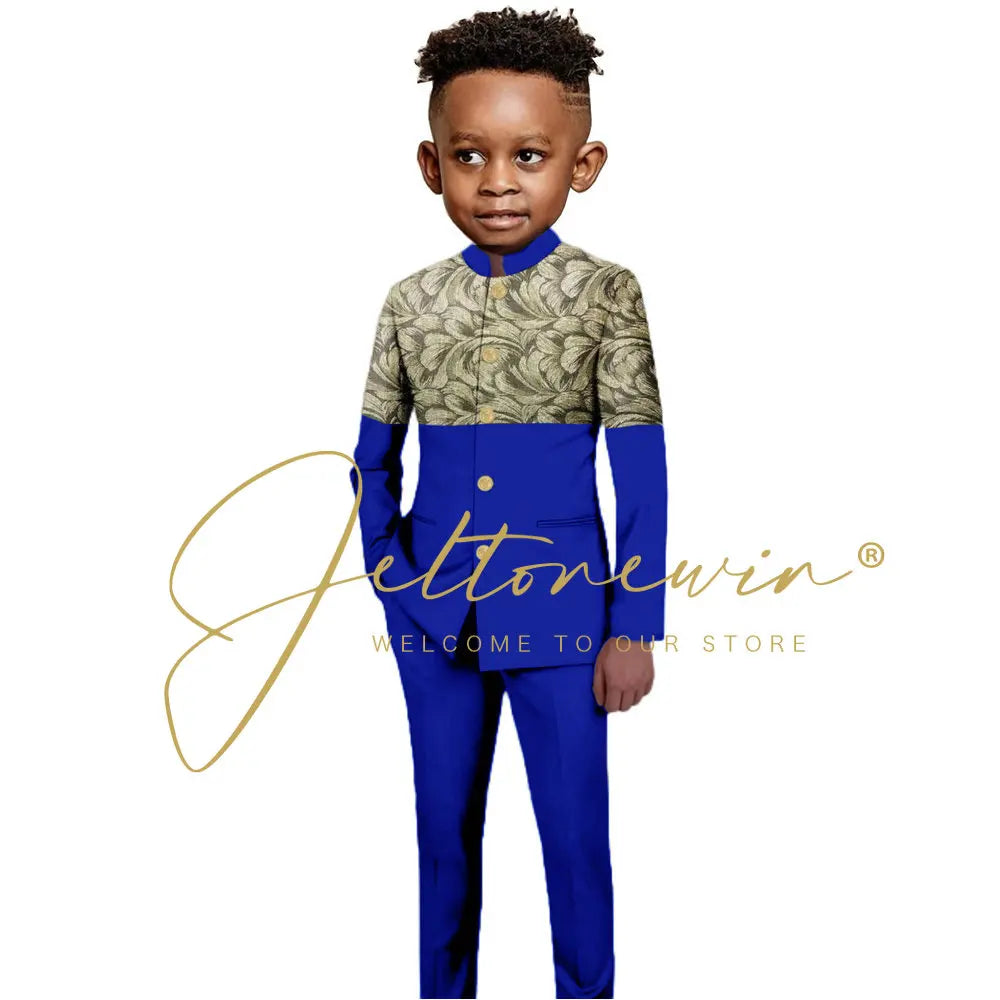 African Style Boys Suit Burgundy Gold Floral Jacket Pants 2 Piece Set Stand Collar Blazer Wedding Tuxedo Kids Formal Party Dress
