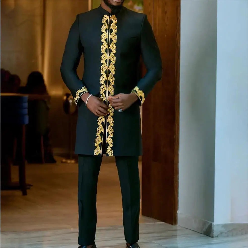 African Traditional Man Outfit Men 2PCS Suits Long-sleeved Round Neck Male Sets Shirt Top Pant Ethnic Style Casual Wear clothing