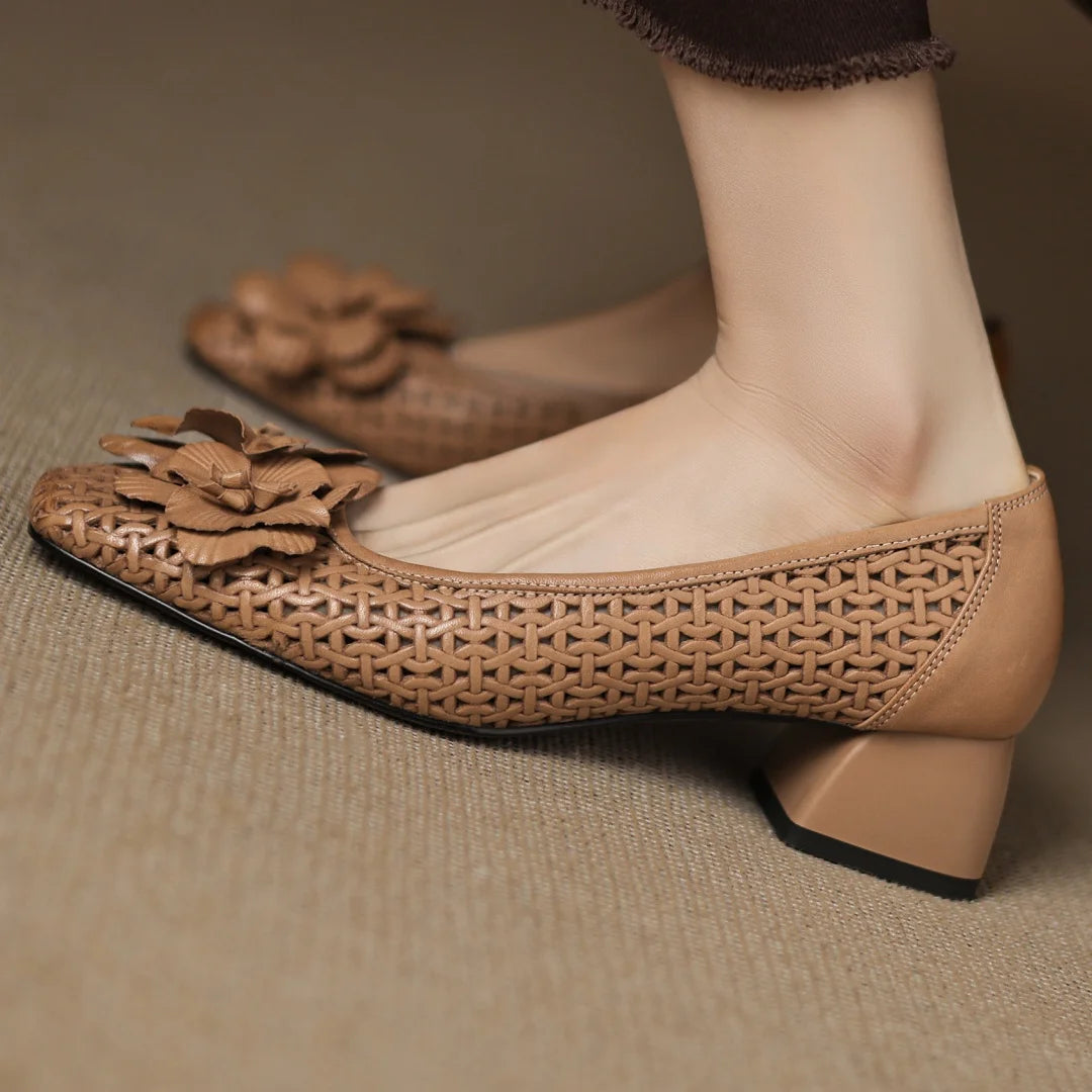 Plus size 41 women's hollow-out sheepskin square toe slip-on pumps 4cm thick med heel elegant ladies flower summer heels sandals