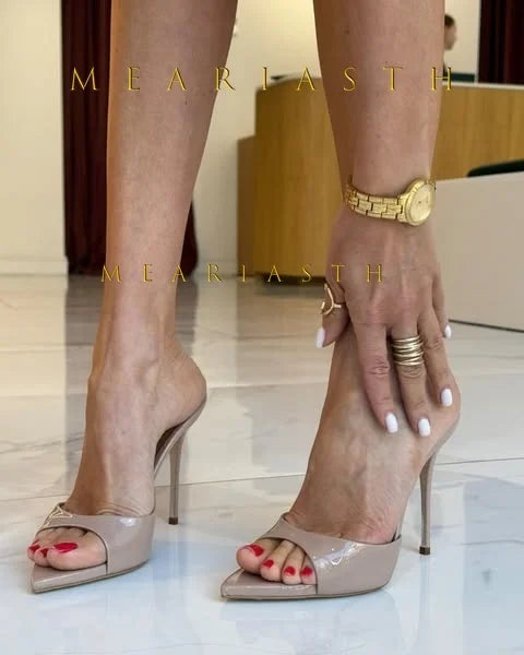 Red Patent Leather Stiletto Slippers Open Toe Solid Sexy High Heels Summer 2025 New Nightclub Outside Plus Size 45 Luxury Shoes