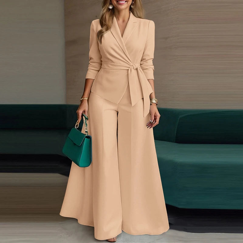 ZANZEA Elegant 2 Pieces Pant Sets Long Sleeve Belted Lightweight Blazer & Wide Leg Pant 2pcs Suits Office Lady Commuting Sets BAZAARHUBO