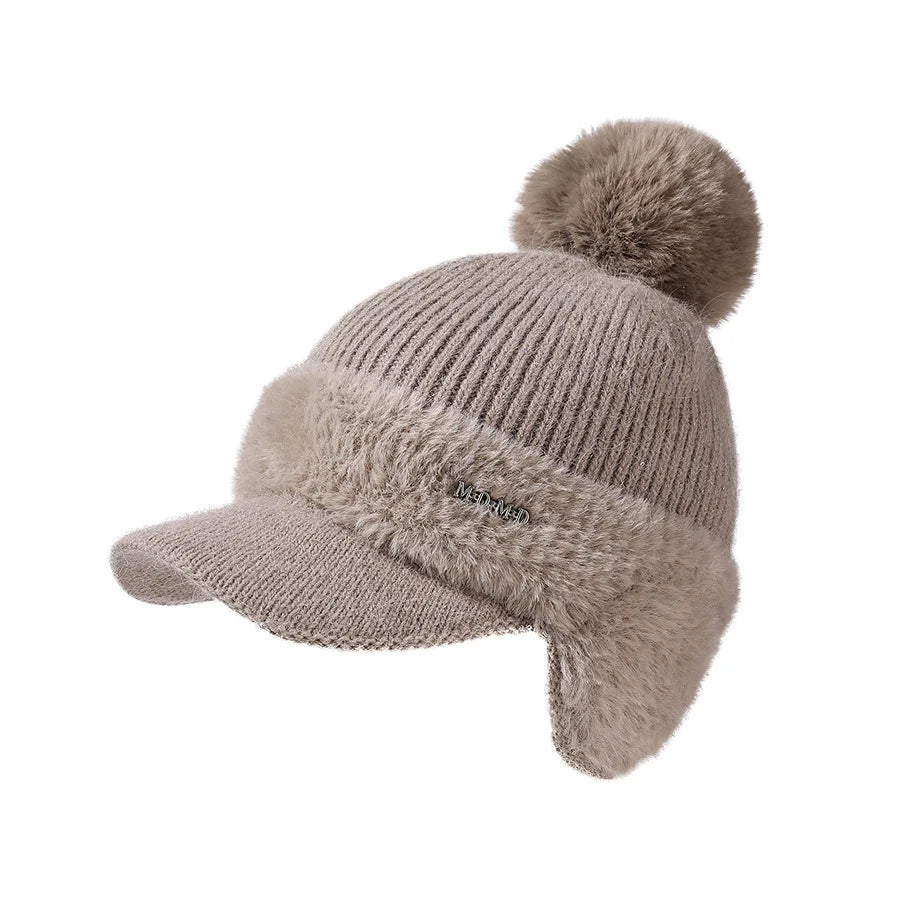 Winter Caps Patchwork Mink Fur Ear Protection Plush Hat Fashionable Solid Color Simple Wool Ball Knitted Hat For Women Cap BAZAARHUBO