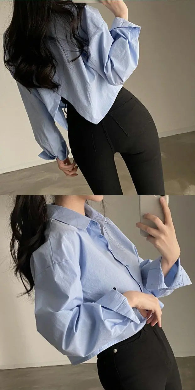 Zadily White Casual Long Sleeve Crop Top Blouse Korea Style Women Spring 2023