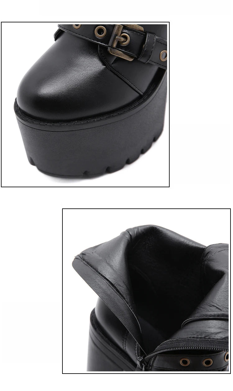 Zip Up Platform Ankle Boots High Heels Round Head Black Leather Goth Studded New Rock Combat Punk Women Shoes On Offer