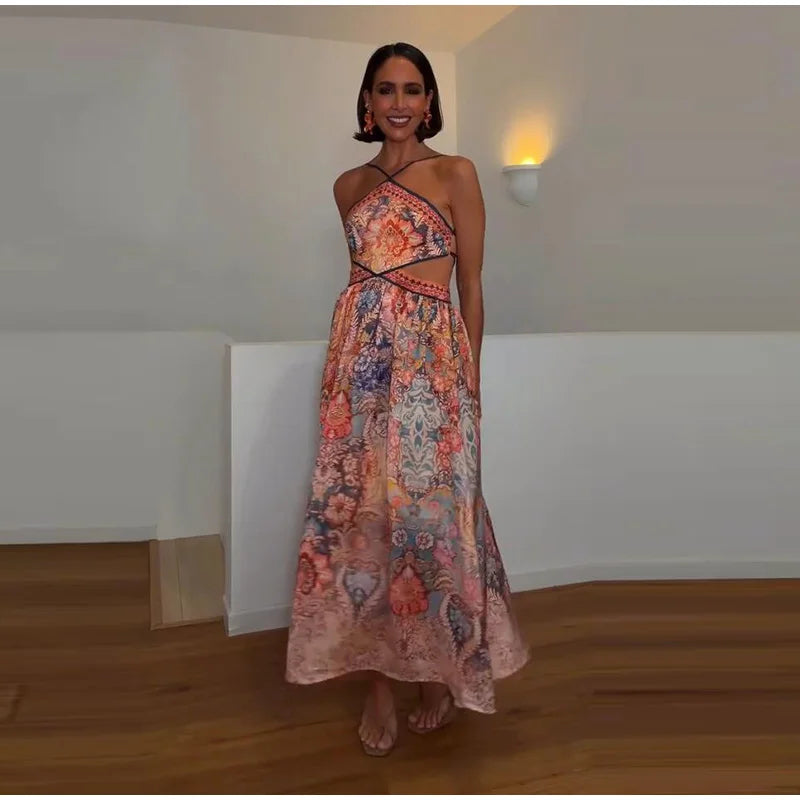 Halter Neck Floral Print Split Set Sleeveless Casual Top Tropical Wrap Slit Maxi Skirt 2026 Summer Bohemian Holiday Women Outfit