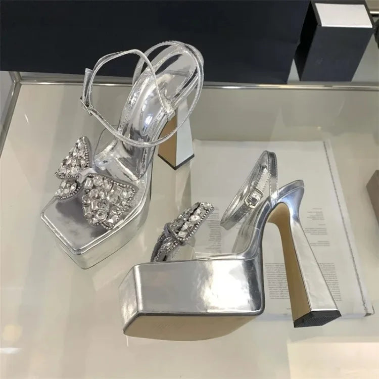 Luxury Rhinestone Transparent Platform Sandals Women Open Toe Summer Fashion Slingback Party Dress Shoes Crystal Bow High Heels