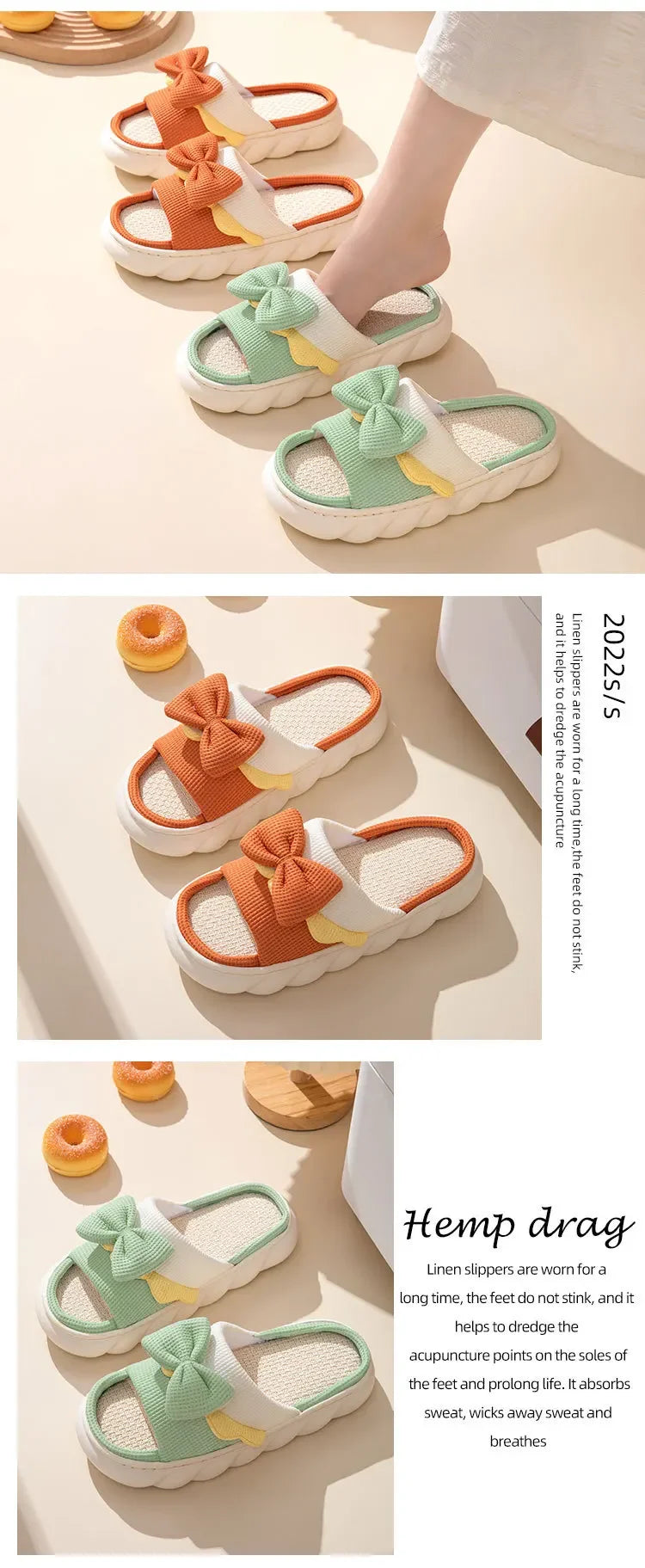 Linen Slippers Women Indoor Slippers Comzy Anti-Slip House Cotton Shoes  Cute Bowknot Flat Slipper Couples Slides Spring Summer