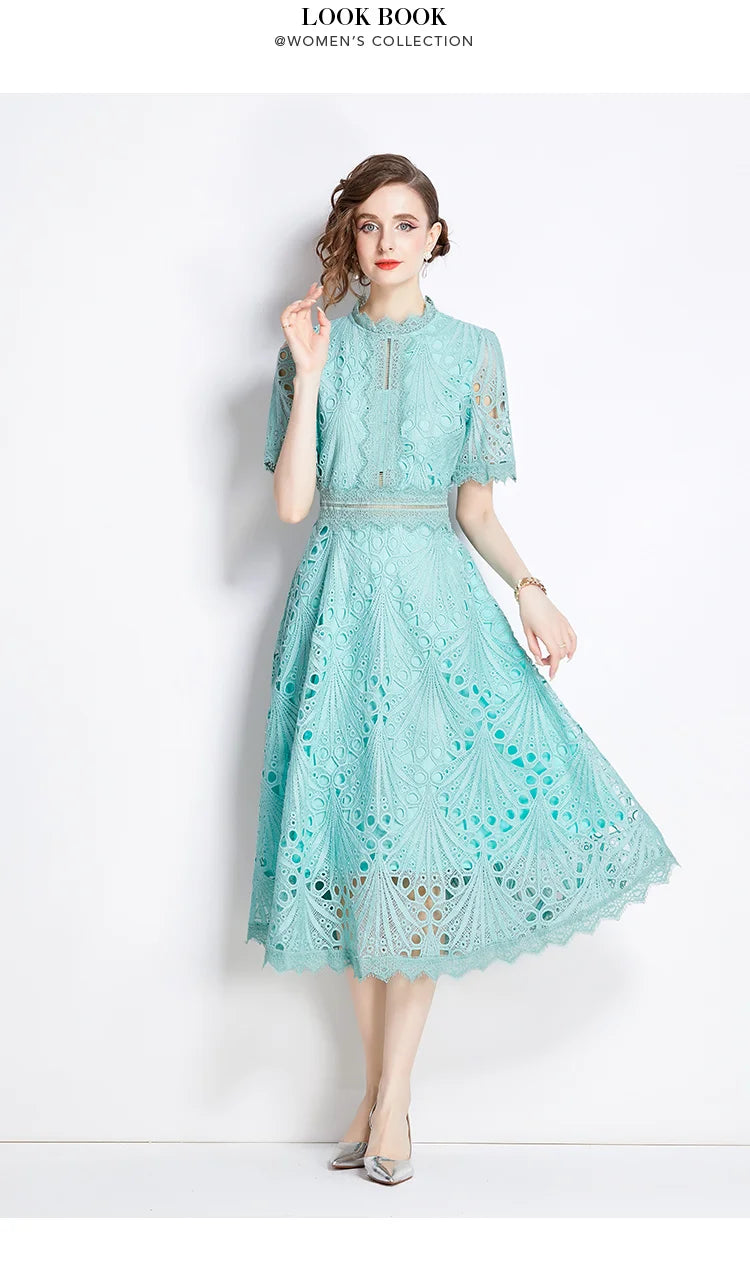 SMTHMA Vintage High-End O-Neck Short Sleeve Lace Hollow Out Dress For Women's Summer Slim Elegant Long Dress Female Clothing
