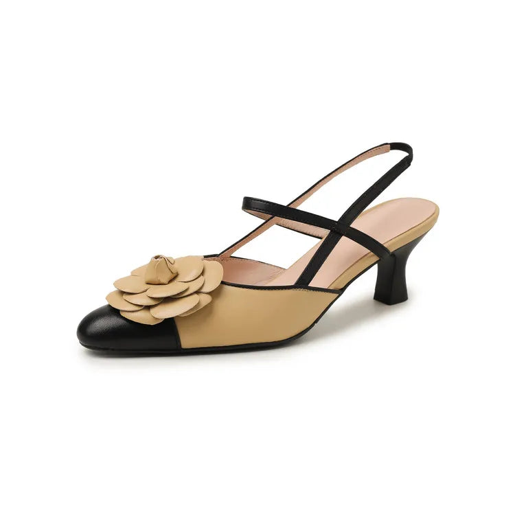 NEW Summer Women Sandals Split Leather Shoes for Women Round Toe High Heel Modern Sandals Flower Slingback Mixed Colors Shoes