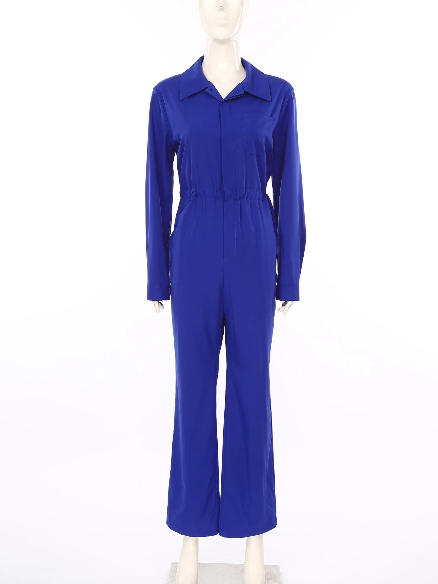 Womens Coverall Solid Color Turn-Down Collar Long Sleeve Button Jumpsuit Mechanic Work Overalls Fashion Casual Cargo Rompers