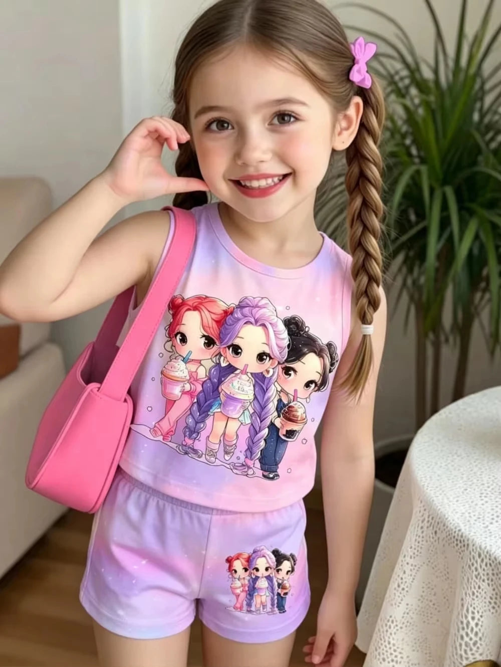 Kids Clothes Girls 2-Piece K-Pop Star Print Tank Top T-Shirt & Shorts Set Casual Streetwear Summer Daily Outfit Girls Clothes