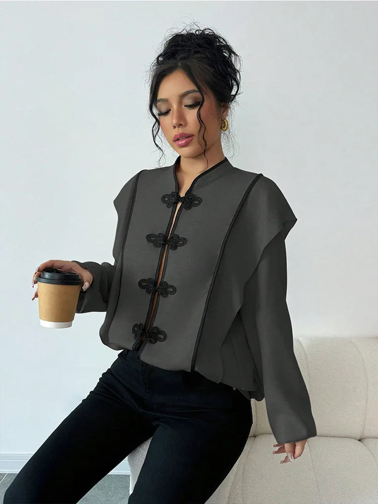 fashion Europe America Features Chinese Knot Design Long-sleeved Ethnic Style Which Casual The New Cross-border Women Shirt