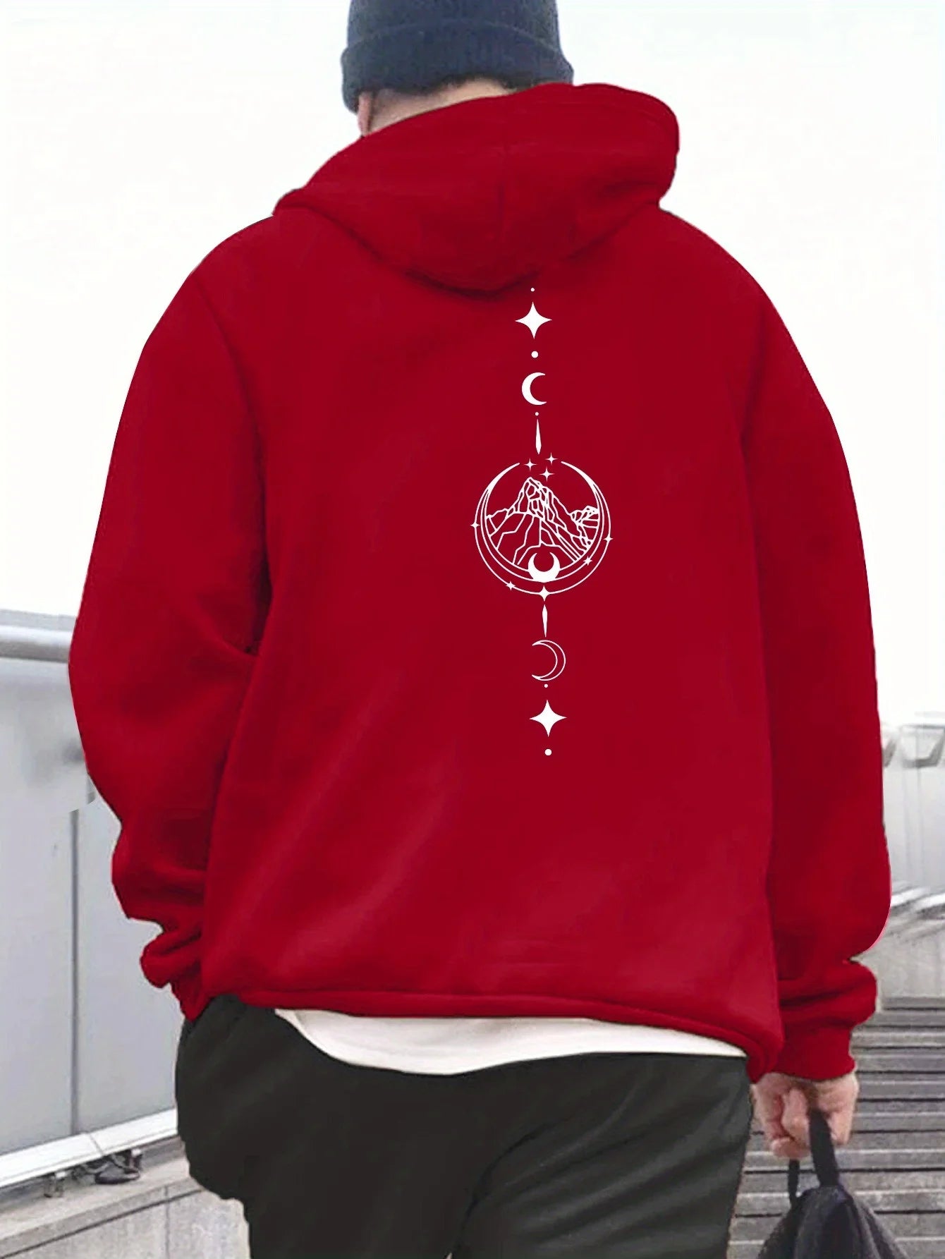 Men's autumn and winter casual fashion loose geometric print long sleeved hooded sweatshirt warm pullover BAZAARHUBO