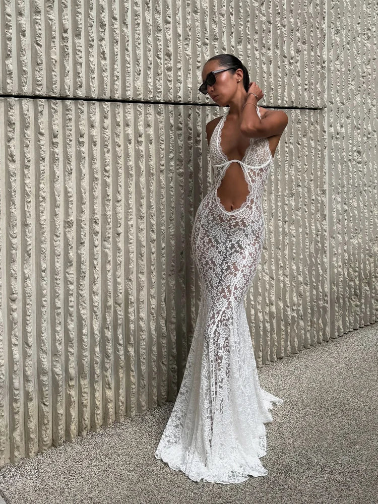 Solid Lace Halter Maxi Dress Sexy Cutout Waist Sheer Slim Fit Fishtail Long Gowns Women's Summer Evening Party Robes 2026 New