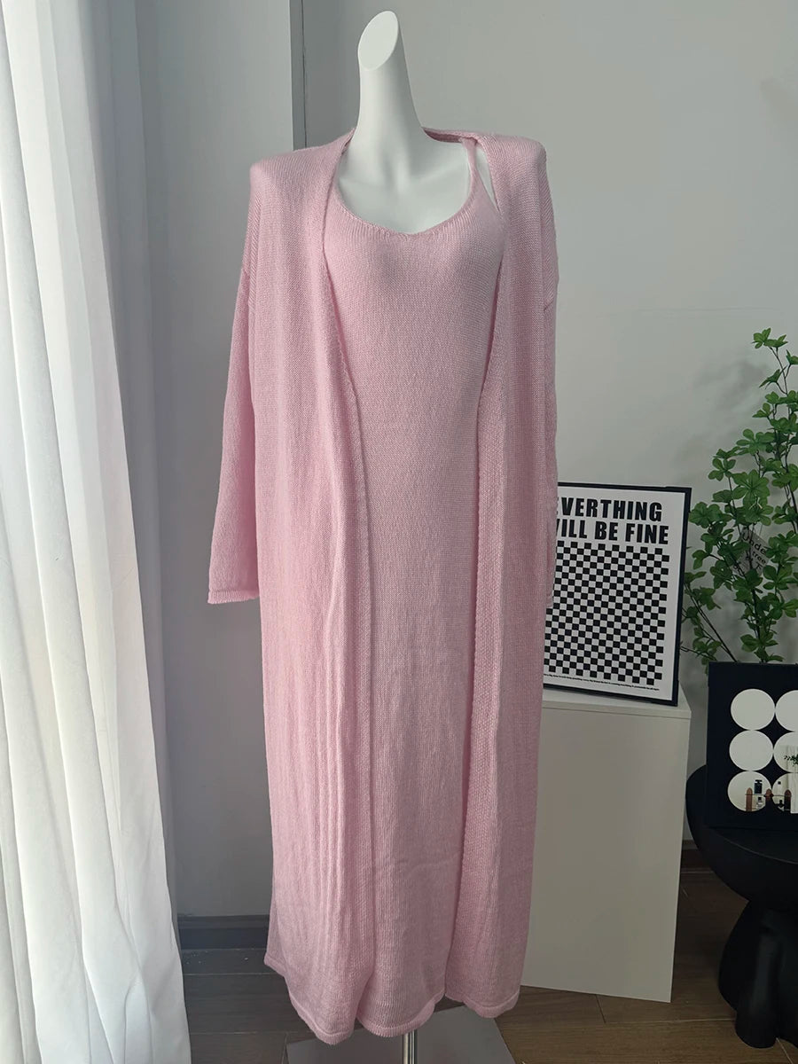 Hirsionsan Soft Loose Sets Women Three Pieces Long Sleeve Cardigan & Sexy Vest Dresses Elegant Female Hollow Outfits Tracksuit
