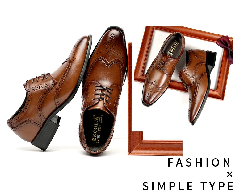 High Quality Genuine Leather Brogue Men Elevator Shoes 6CM Height Increase Oxford Men Formal Dress Shoes Business Office Wedding