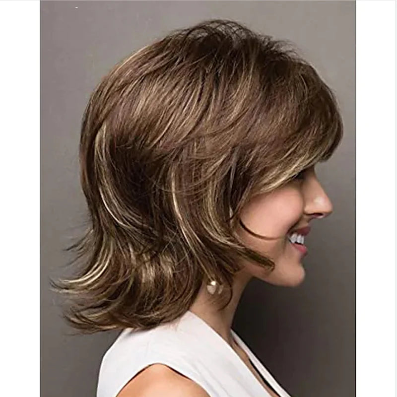HAIRJOY Synthetic Hair Short Curly Brown Mixed Blonde Highlight Wigs with Bangs for White Women