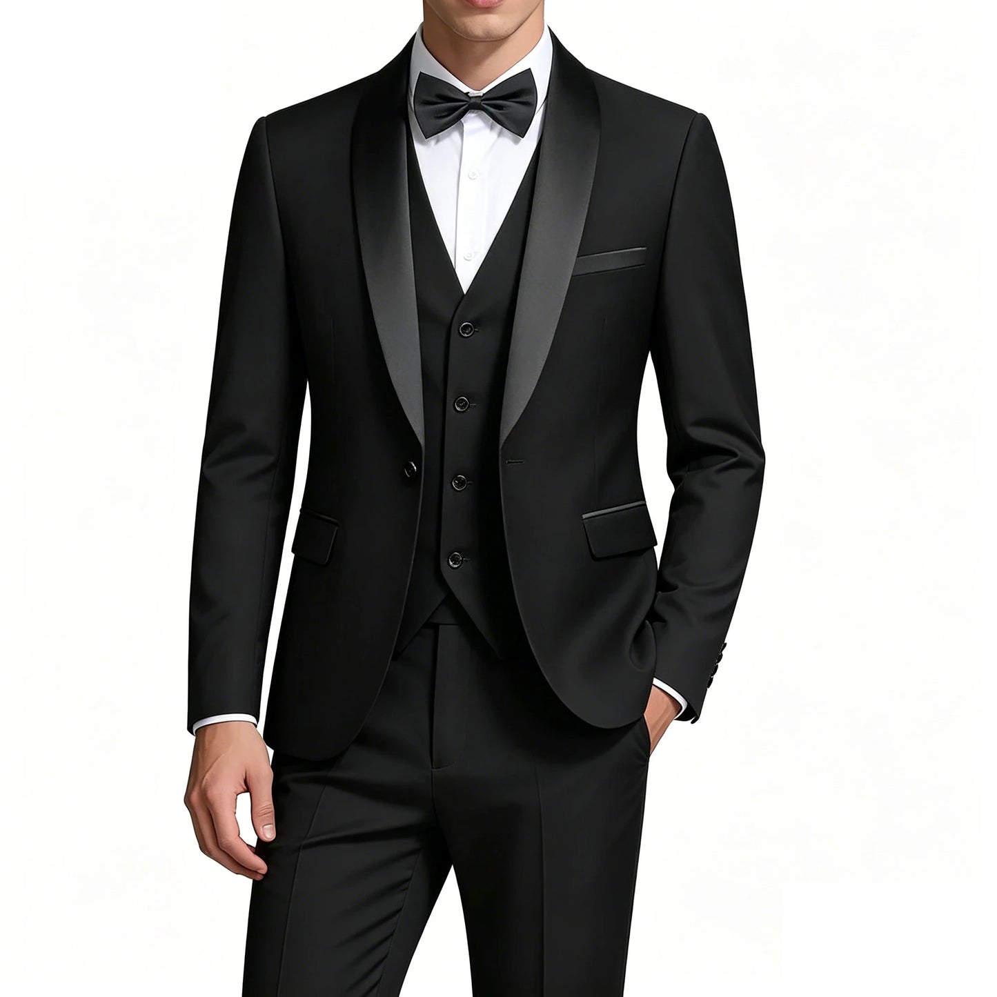 ( Jacket + Vest + Pants ) Men's 3 Piece Tuxedo Suit Set, Beige Blazer with Black Shawl Lapel for Wedding, Groom, Formal Party