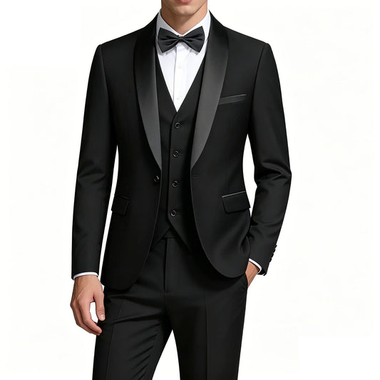 ( Jacket + Vest + Pants ) Men's 3 Piece Tuxedo Suit Set, Beige Blazer with Black Shawl Lapel for Wedding, Groom, Formal Party