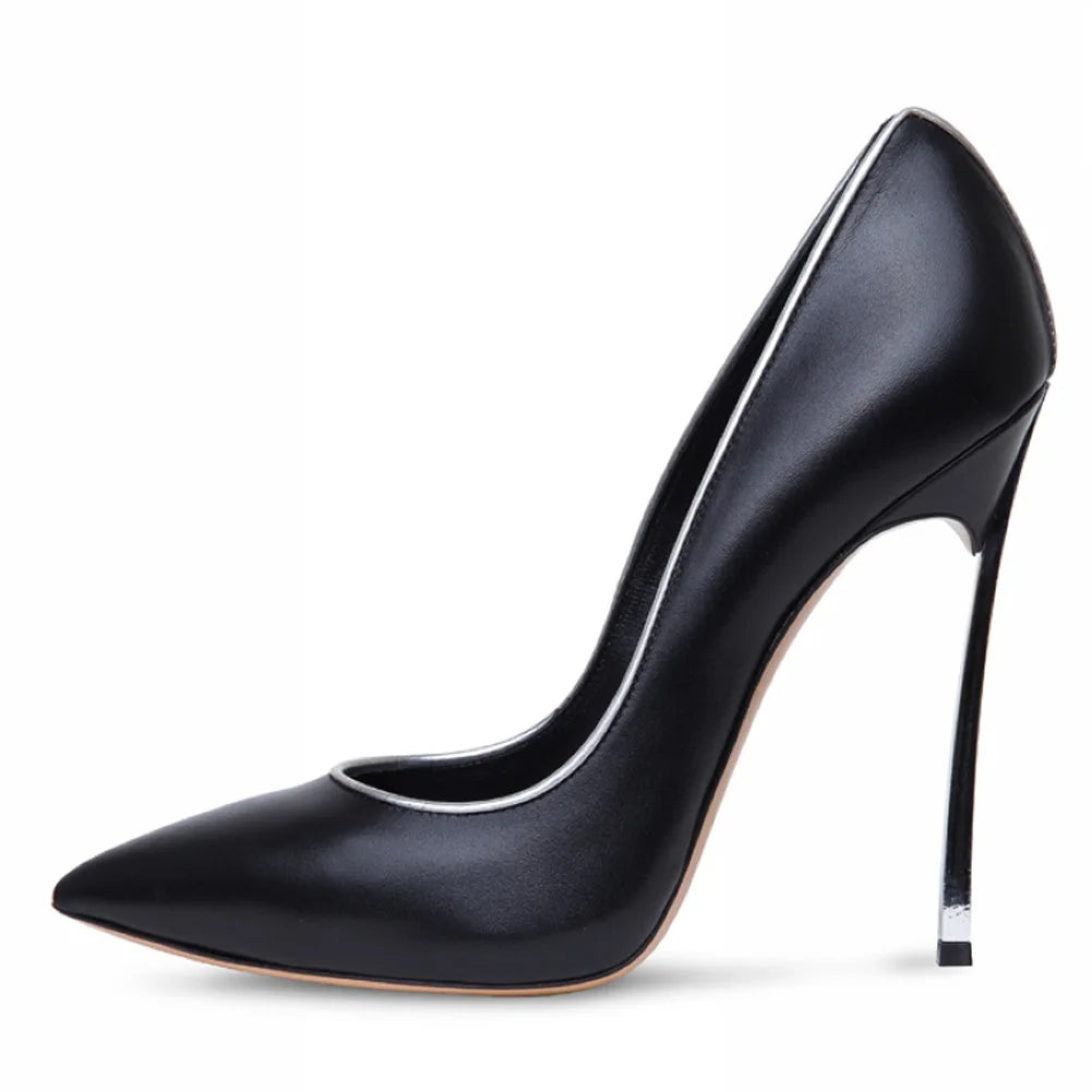 Spring and Autumn New Pointed Shallow Leather Single Shoes Metal Fine High Heel Banquet Dress Customized Large Size Women's Shoe