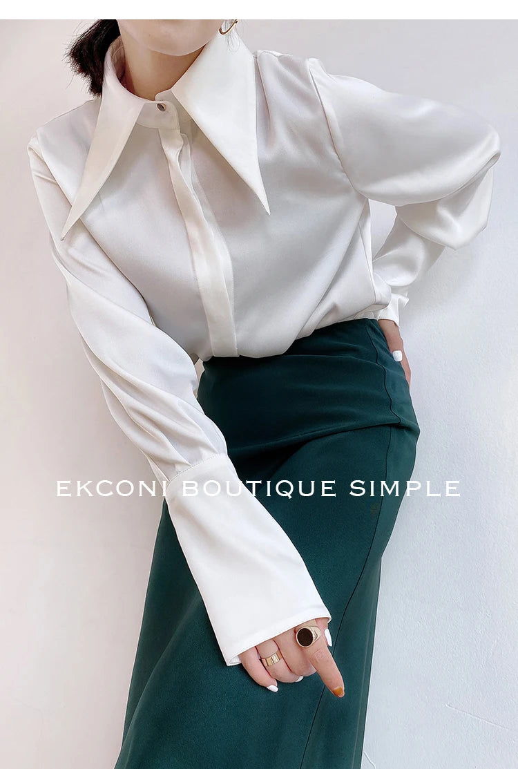Stylish Elegant Turn Down Collar White Long Sleeve Satin Shirts Fashion Woman Vintage Blouse 2024 Office Lady Tops Blusas 16946