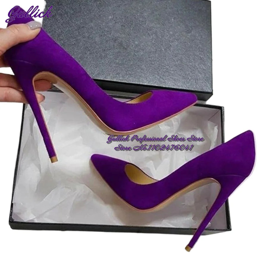 Gullick Women Hot Pink Suede High Heel Shoes 12Cm 10Cm 8Cm Stilettos Slip-On Pointed Toe Wedding Shoes Shallow Pumps Size45