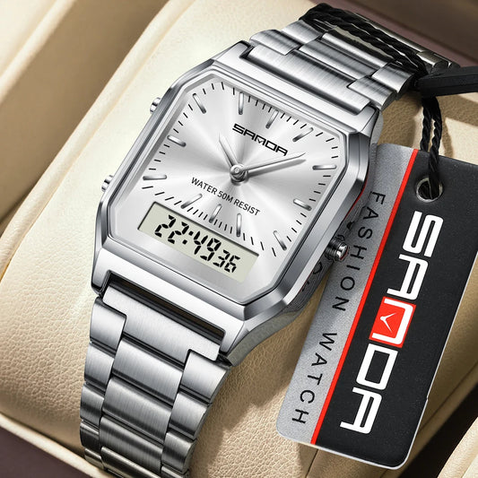 SANDA Men's and Women Watch Fashion Watches Business Style Alarm Clock Man Digital Wristwatch Square Dial Stainless Steel Strap