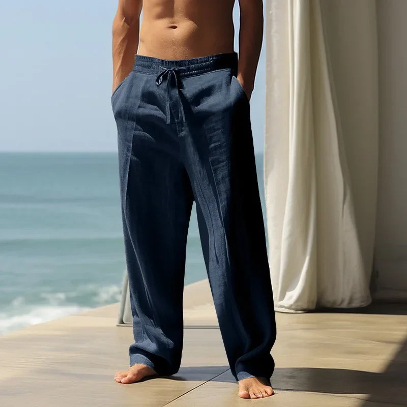 Cotton linen men's pants 2025 summer new loose casual pants high waisted breathable plus size Haren pants slimming wide trousers