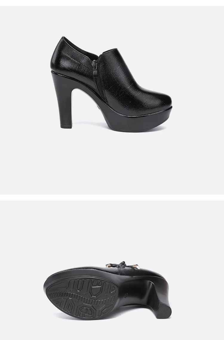 10cm Small Size 32-43 Elegant Black Bow Deep Mouth Thick Bottom Platform Pumps 2026 Winter Block High Heels Shoes Office Model